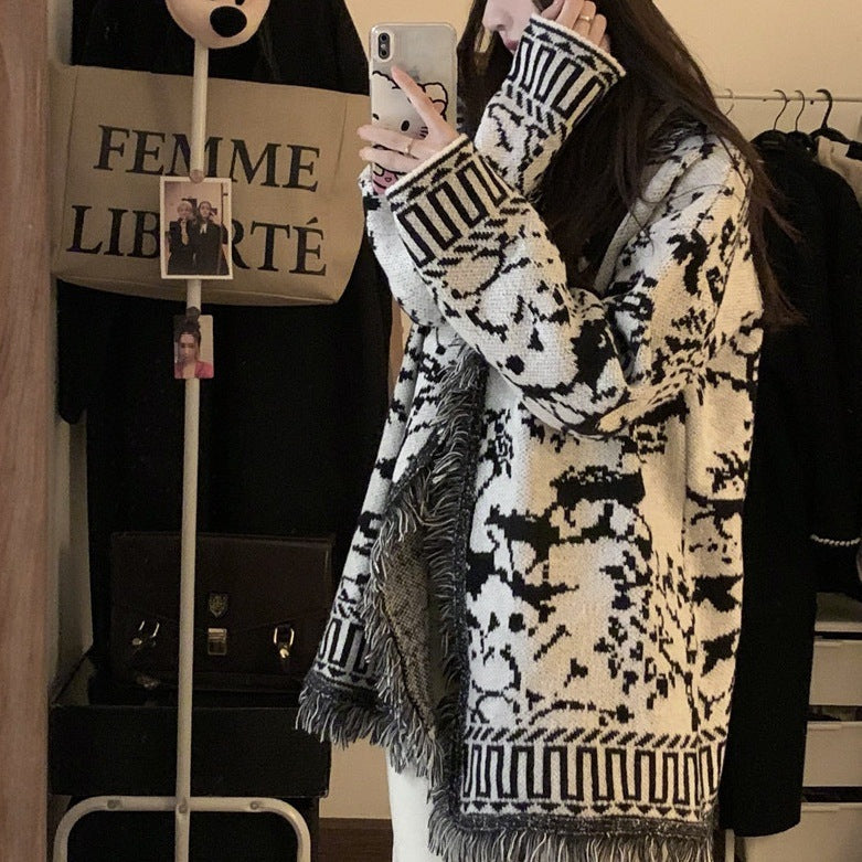 Damen Fransen-Strickjacke mit grafischem Muster und offenen Vorderteilen Heidi-Mode