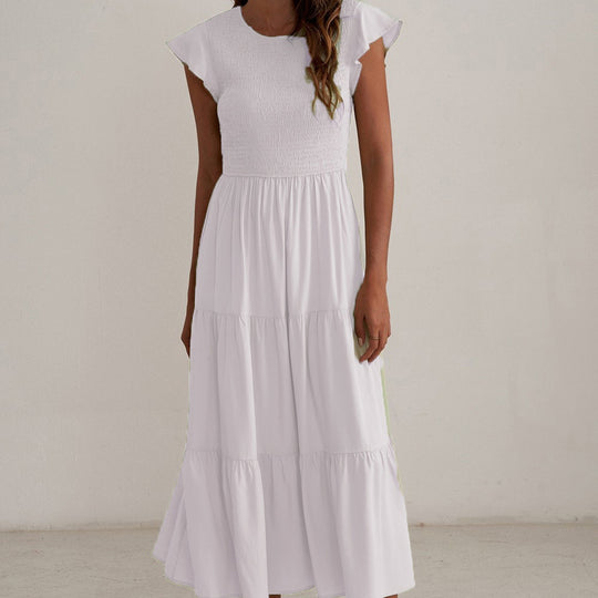 Damen Maxikleid mit voluminösen Rüschen und elastischem Rücken Heidi-Mode