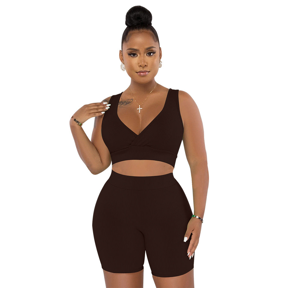 Damen Sportliches Set aus Cropped Oberteil und Radlerhosen mit Rippstruktur Heidi-Mode