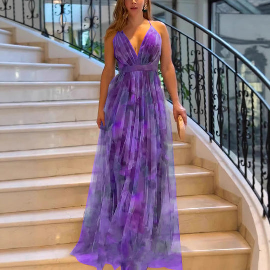 Damen Maxi-Kleid mit tiefem V-Ausschnitt und schwingendem Rock Heidi-Mode
