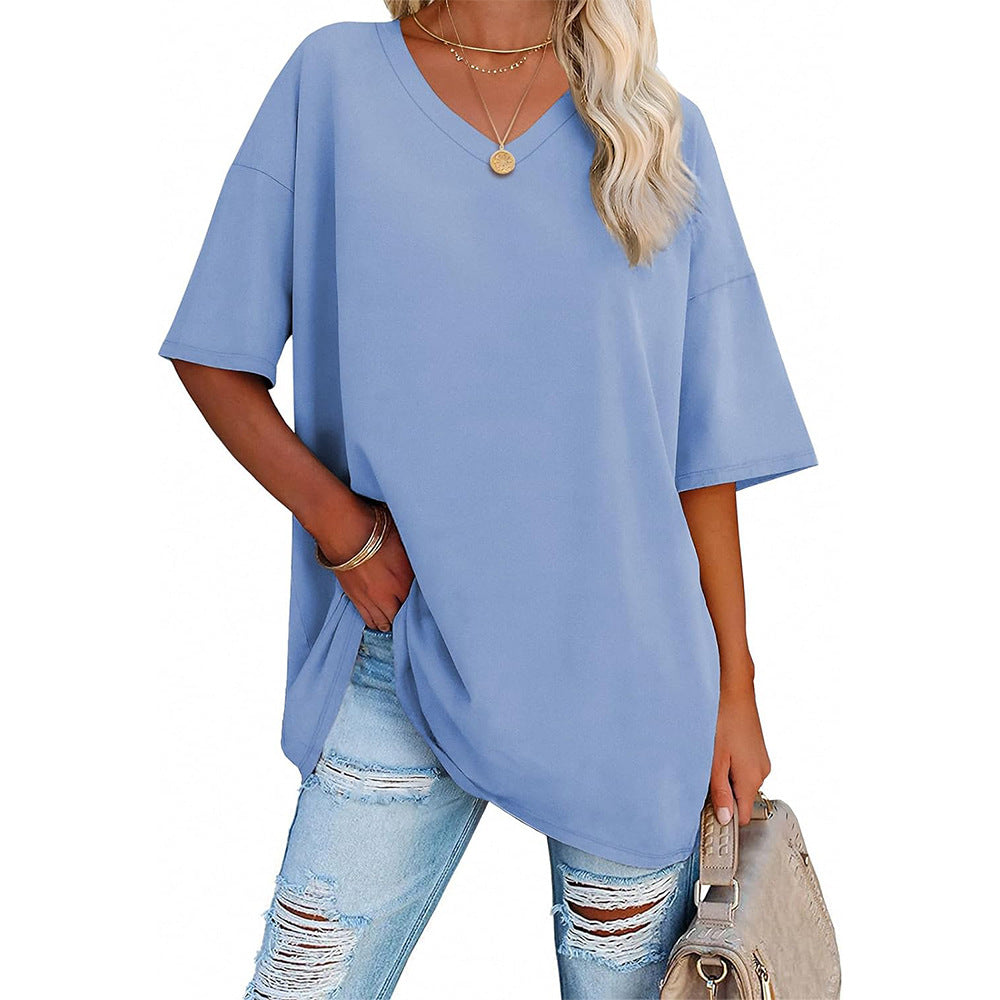 Damen Oversized T-Shirt mit V-Ausschnitt und seitlichen Schlitzen Heidi-Mode