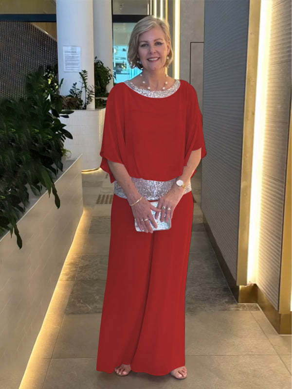 Damen Eleganter Jumpsuit mit schimmerndem Oberteil und weitem Bein Heidi-Mode