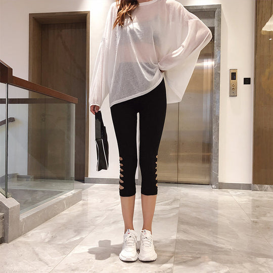 Damen Modische Leggings mit transparenten Netzdetails und Schleifen Heidi-Mode