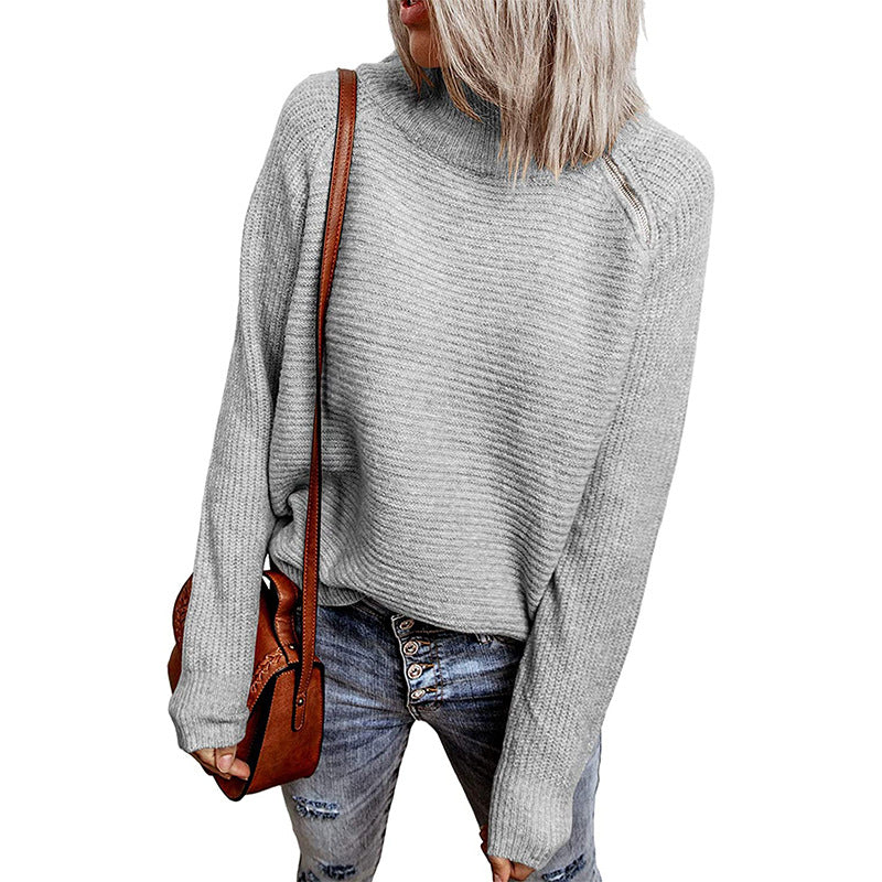 Damen lässiger Strickpullover mit hochgeschlossenem Kragen und dekorativen Nähten Heidi-Mode