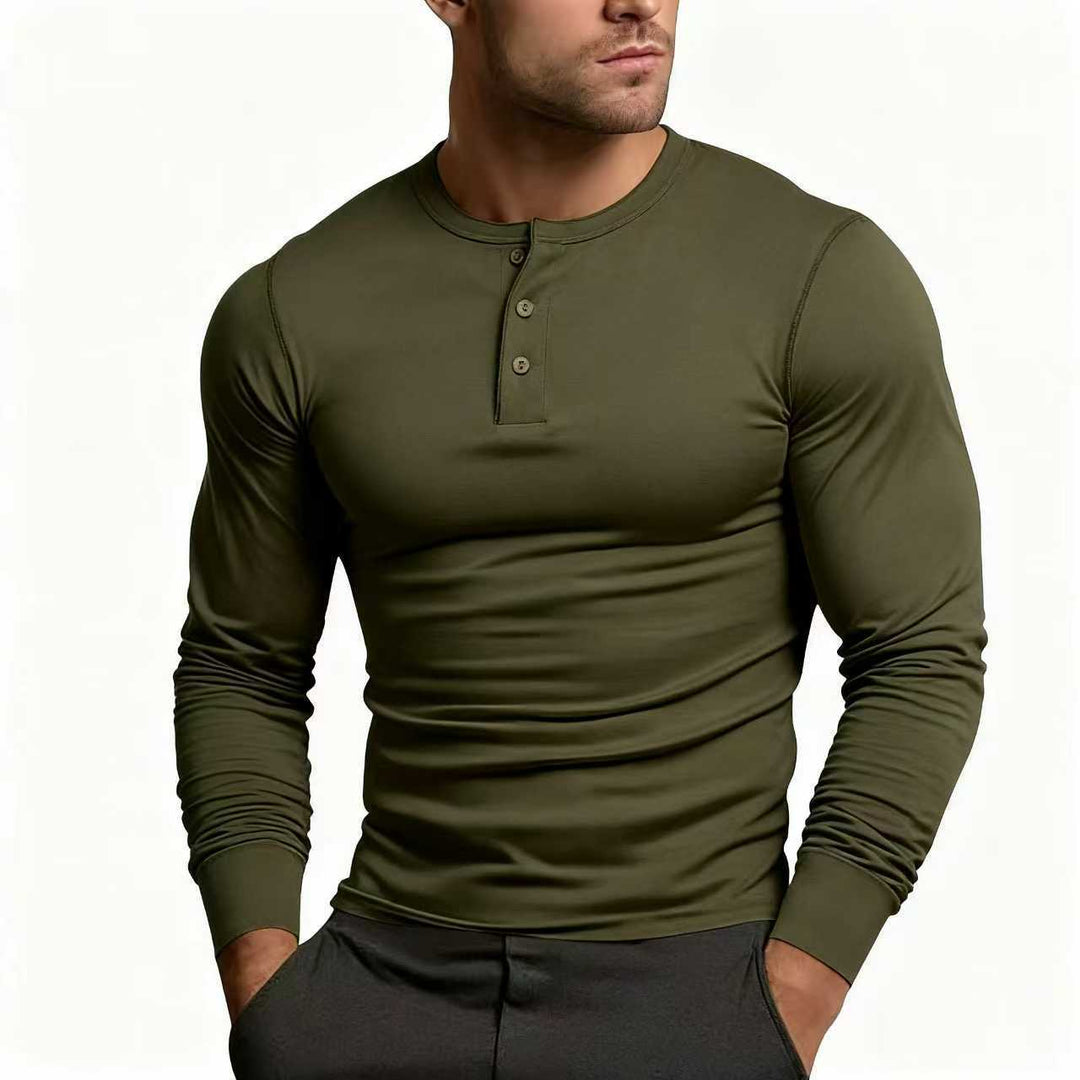 Herren Langarm-Henley-Shirt mit klassischem Knopfdetail und körpernaher Passform Heidi-Mode