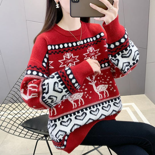 Damen Grobstrickpullover mit festlichem Rentiermotiv und modernem Design Heidi-Mode