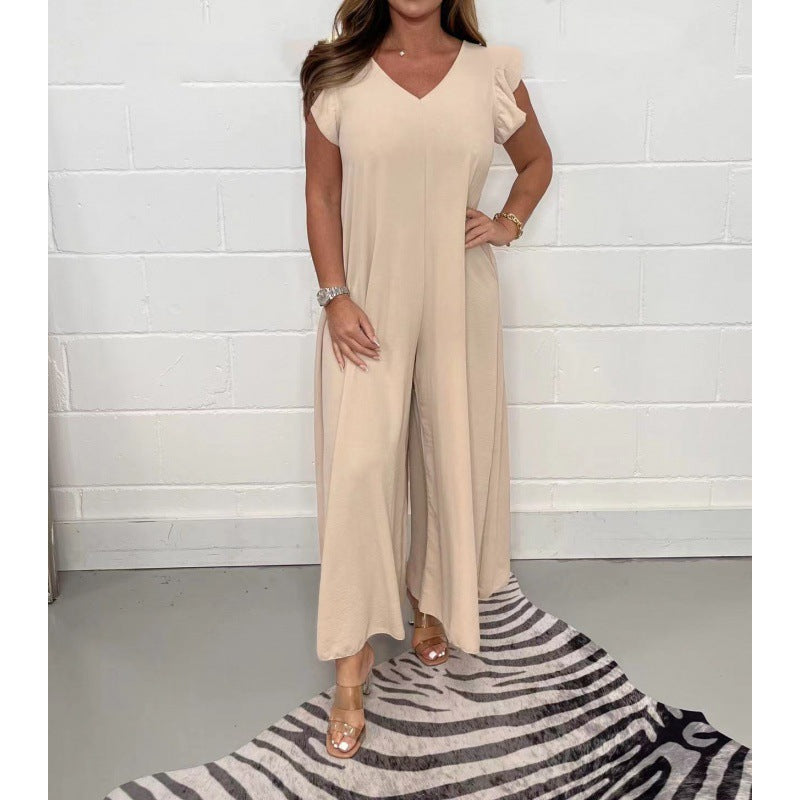Damen luftiger Jumpsuit mit weit geschnittenem Bein und V-Ausschnitt Heidi-Mode