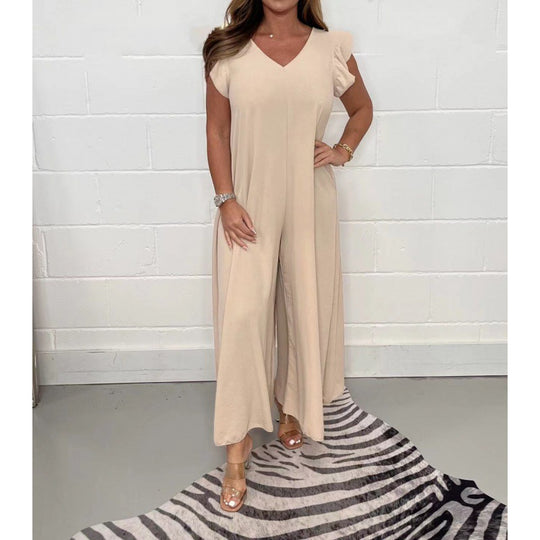 Damen luftiger Jumpsuit mit weit geschnittenem Bein und V-Ausschnitt Heidi-Mode