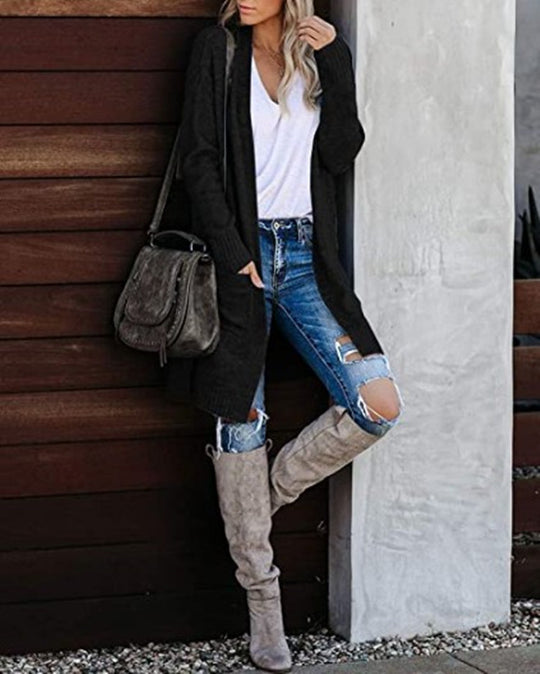 Damen Lange Strickjacke mit offenem Schnitt und lässigem Design Heidi-Mode