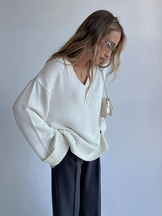 Damen lässiger V-Ausschnitt Pullover mit strukturierter Textur Heidi-Mode