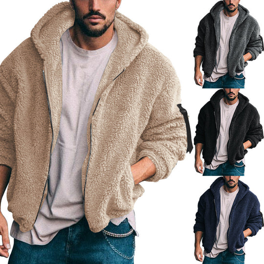 Herren kuschelige Teddyjacke mit seitlichen Reißverschlusstaschen und Kapuze Heidi-Mode