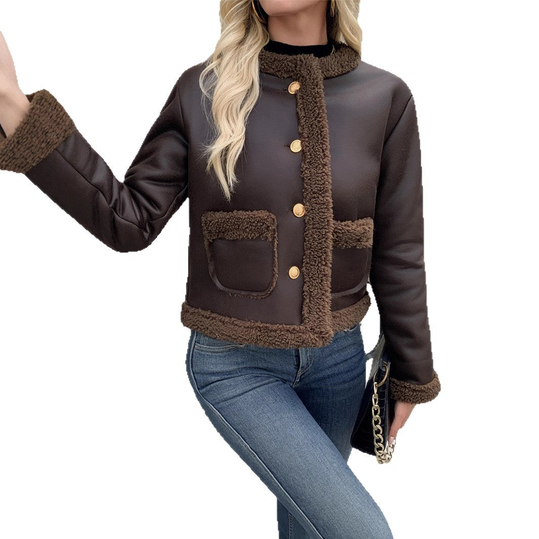 Damen Kurz geschnittene Texturjacke mit verdeckten Knöpfen und Taschen Heidi-Mode