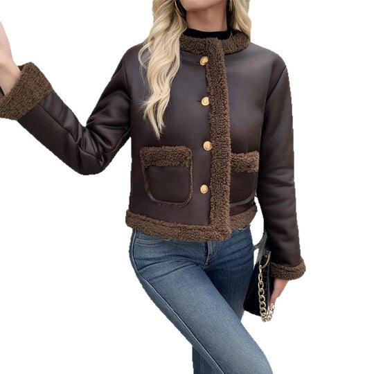 Damen Kurz geschnittene Texturjacke mit verdeckten Knöpfen und Taschen Heidi-Mode