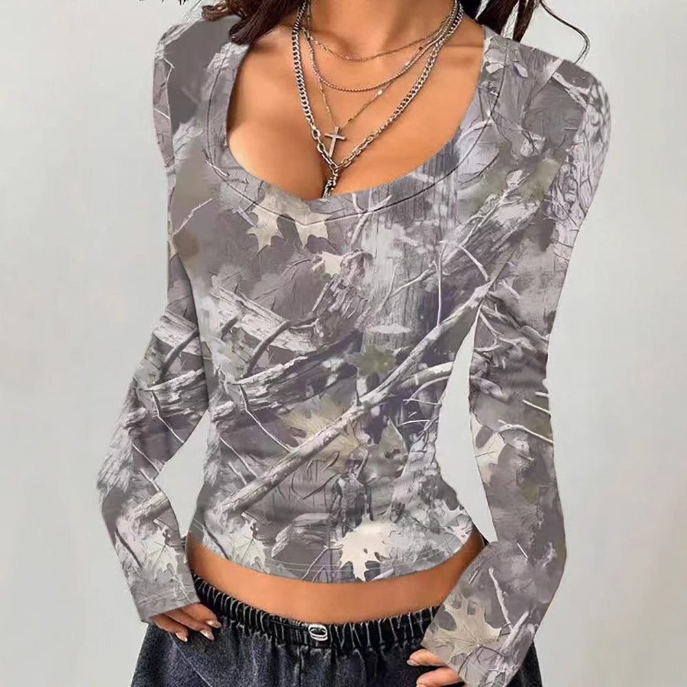 Damen Camouflage Langarmshirt mit V-Ausschnitt und modernen Details Heidi-Mode
