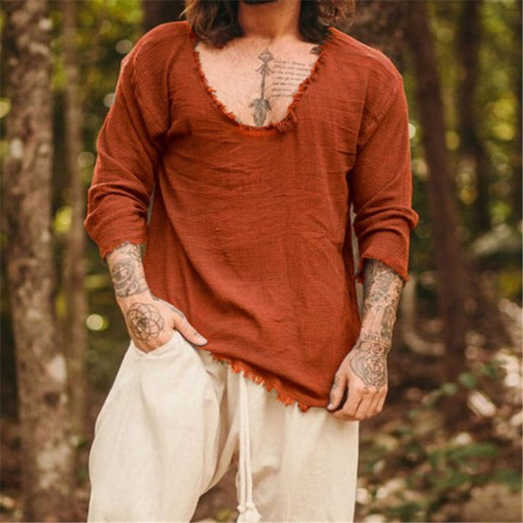 Herren lässiges V-Neck Leinenhemd Heidi-Mode