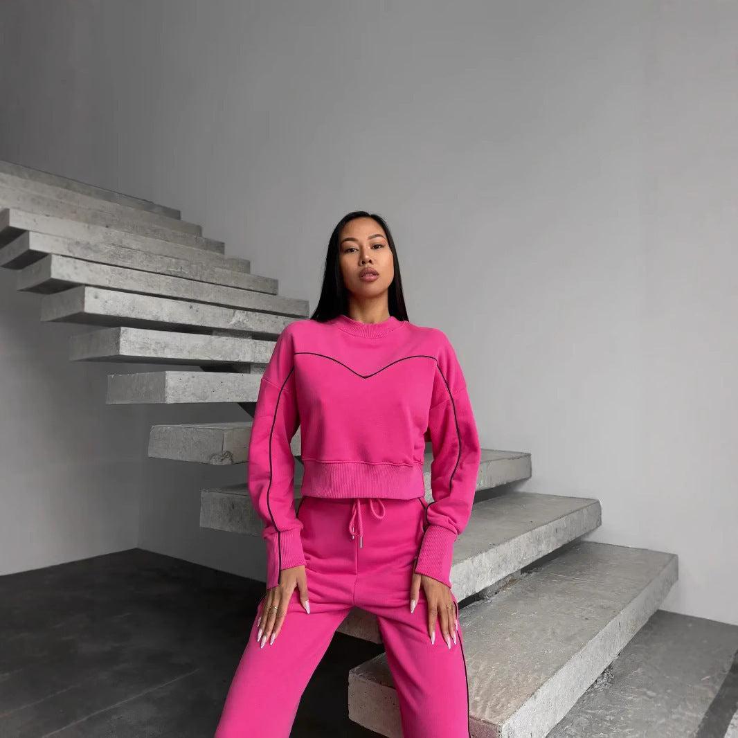 Damen lässiges Fleece-Set mit gemütlichem cropped Oberteil und weiten Hosen Heidi-Mode