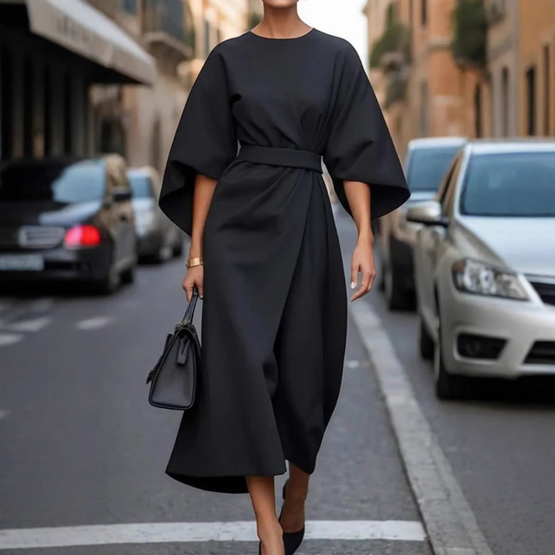 Damen Maxikleid mit eleganten Puffärmeln und Taillengürtel Heidi-Mode