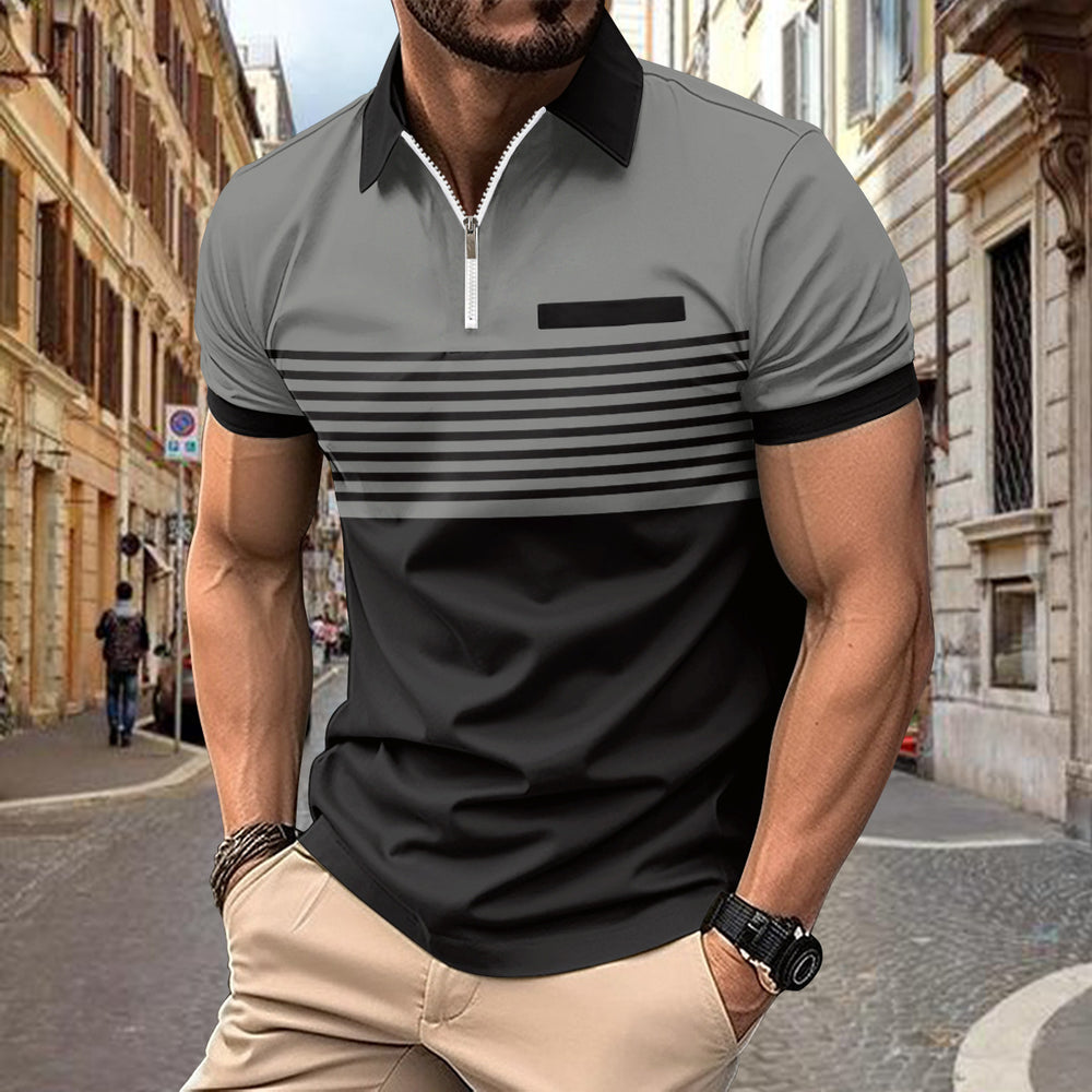 Herren Poloshirt mit modischem Reißverschluss und sportlichem Streifenmuster Heidi-Mode