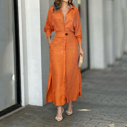 Damen Maxikleid aus leichtem Leinen mit eleganter Knopfleiste und praktischen Seitenschlitzen Heidi-Mode