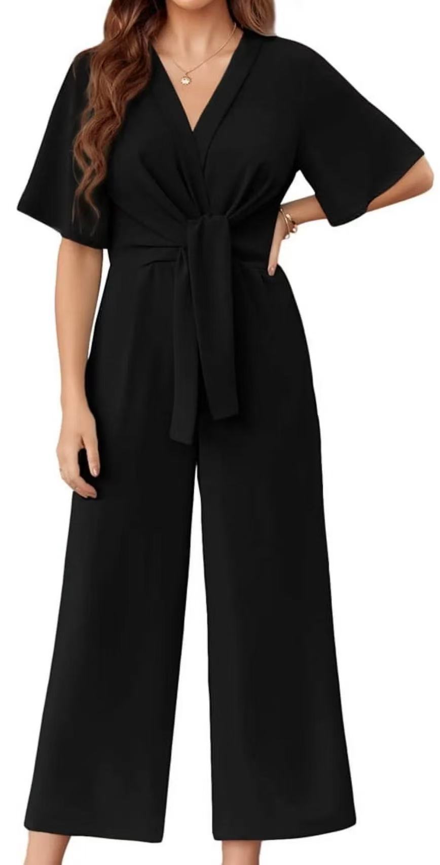 Damen eleganter Wickel-Jumpsuit mit weiten Beinen und Taillengürtel Heidi-Mode