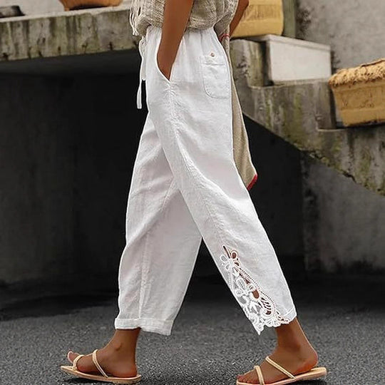 Damen luftige Leinenhose mit dekorativen Stickereien Heidi-Mode