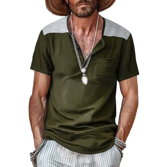 Herren Kurzarm-Henley-Shirt mit kontrastierenden Schulterdetails und praktischer Brusttasche Heidi-Mode