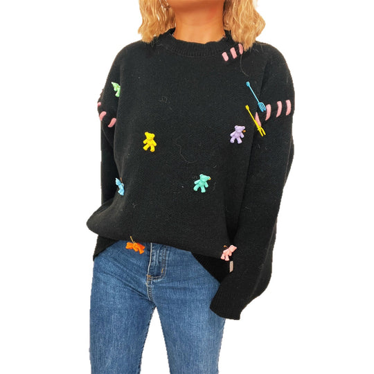 Damen Pullover mit verspieltem Bären-Motiv und dekorativen Applikationen Heidi-Mode