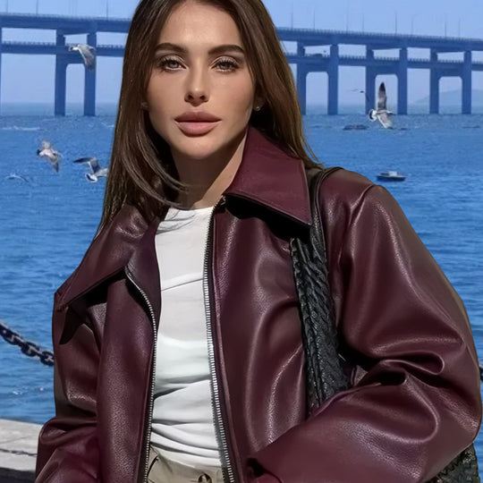 Damen Kunstlederjacke mit Stehkragen und voluminösen Ärmeln Heidi-Mode