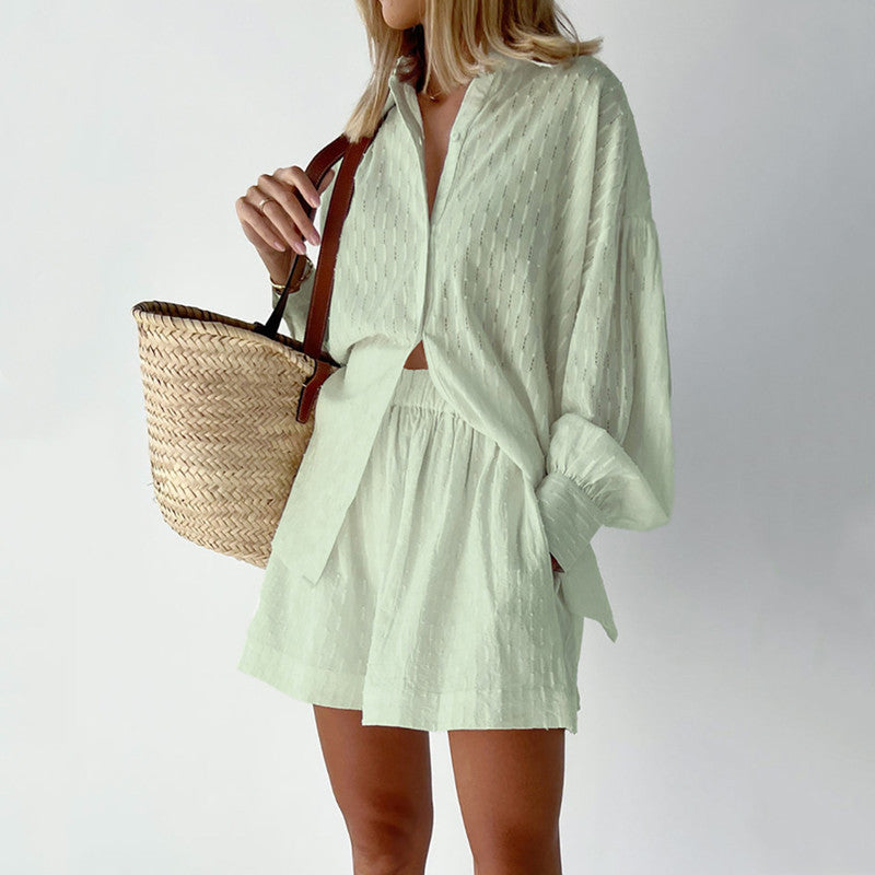 Damen lässiges Hemd-Shorts-Set mit elegantem Webmuster Heidi-Mode