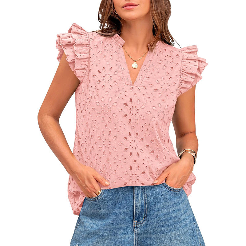 Damen Bluse mit Rüschenärmel und floralem Lochmuster Heidi-Mode