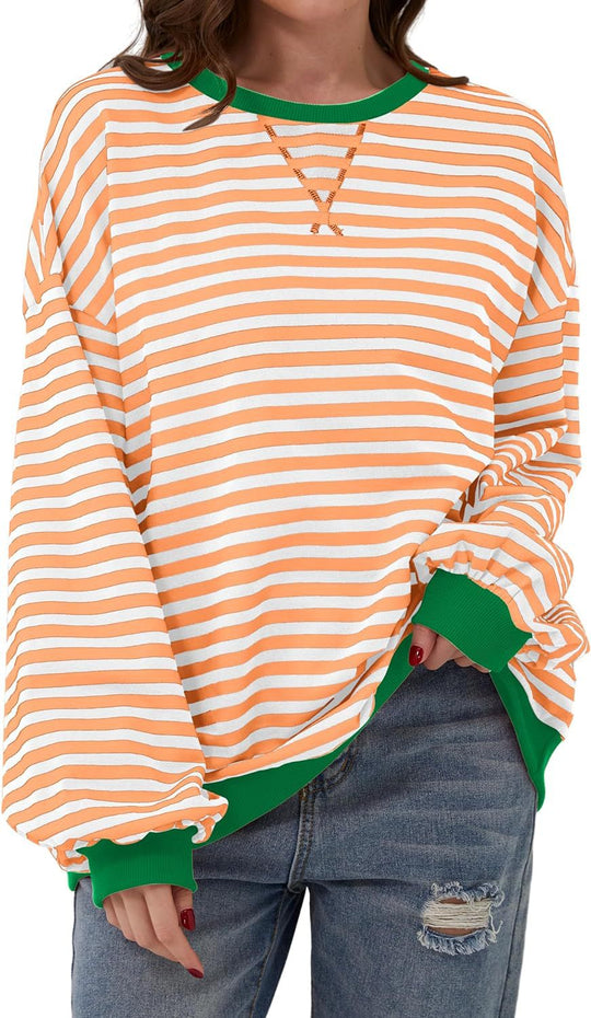 Damen lässiger Oversized Sweatshirt mit bunten Streifen und Kapuzenkordel Heidi-Mode