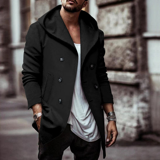 Herren stylischer Hoodie-Mantel mit doppelter Knopfreihe und weitem Kragen Heidi-Mode
