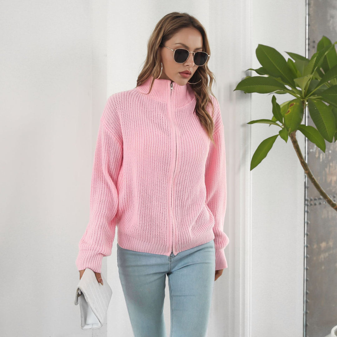 Damen lässiger Strickpulli mit hohem Kragen und Reißverschluss Heidi-Mode
