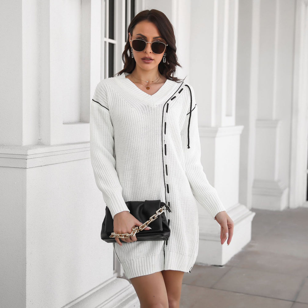 Damen Großer V-Ausschnitt Strickkleid mit dekorativen Nähten Heidi-Mode