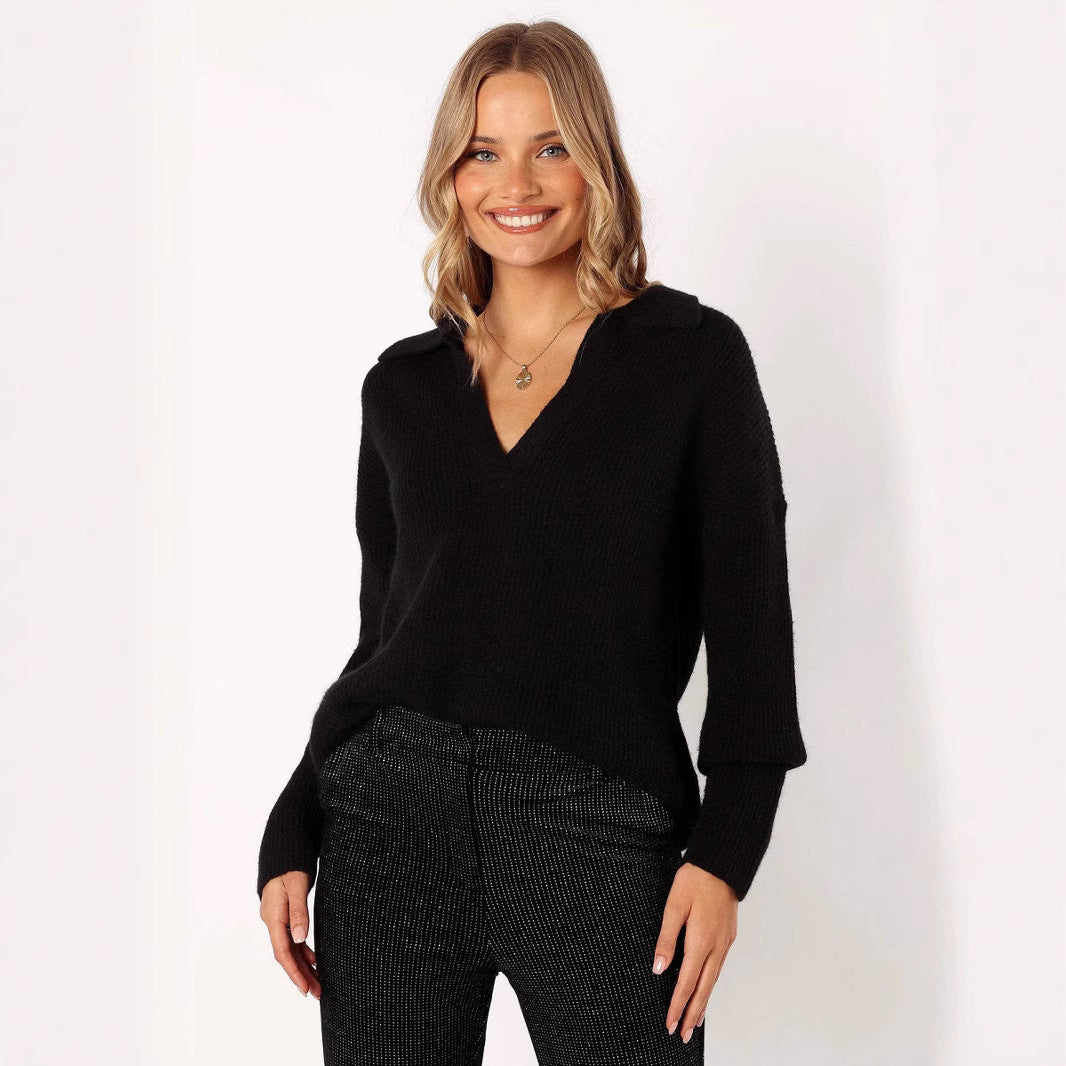 Damen lässiger Strickpullover mit modernem V-Ausschnitt und weit geschnittenen Ärmeln Heidi-Mode