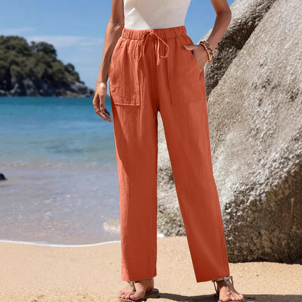 Damen Locker geschnittene Strandhose mit praktischen Taschen und elastischem Bund Heidi-Mode
