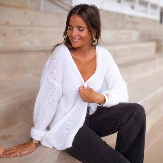 Damen lässiger Pullover mit offener Schulter und weichem Strickmuster Heidi-Mode