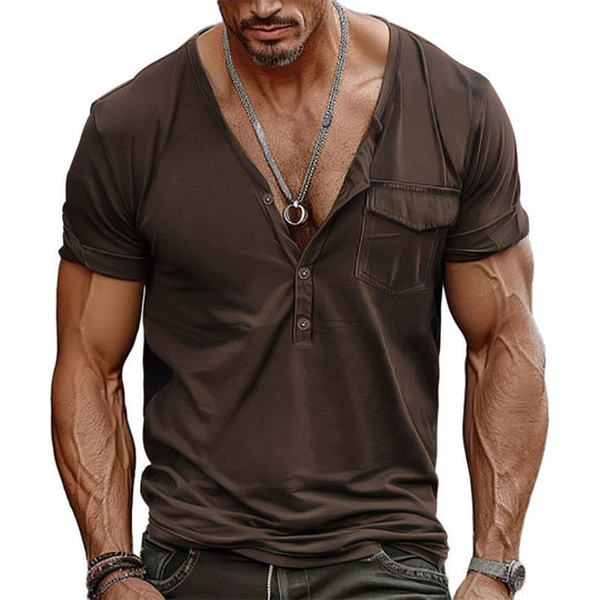 Herren Kurzarm-Henley-T-Shirt mit dekorativer Brusttasche und modernem Schnitt Heidi-Mode