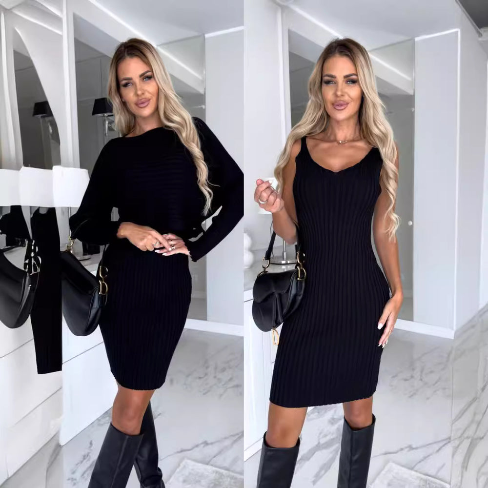 Damen Strickkleid mit V-Ausschnitt und Langarm Heidi-Mode