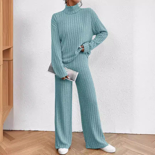 Damen Grobstrick Zweiteiler mit hohem Kragen und weitem Schnitt Heidi-Mode