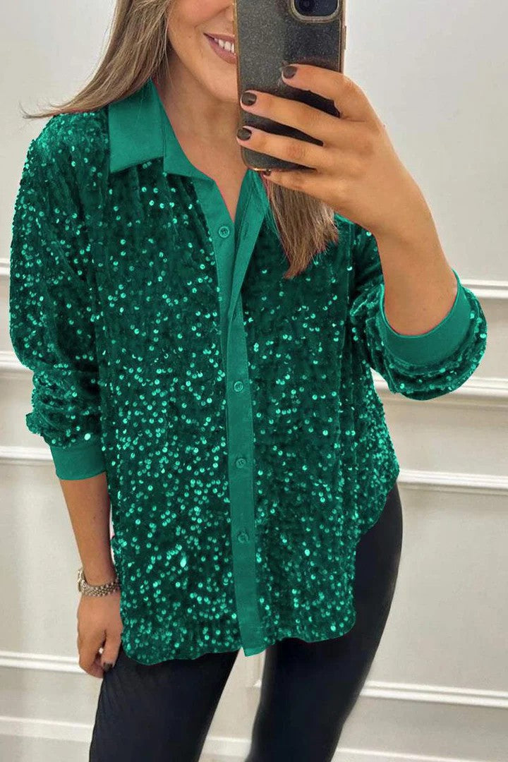 Damen Glitzernde Bluse aus Pailletten mit klassischem Kragen Heidi-Mode