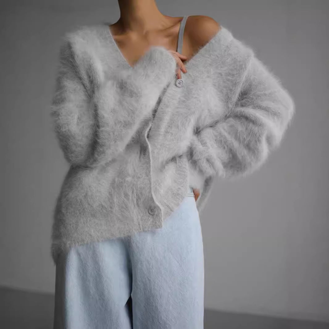 Damen weicher Strickcardigan mit luxuriösem Mohair-Anteil und lässigem Schnitt Heidi-Mode