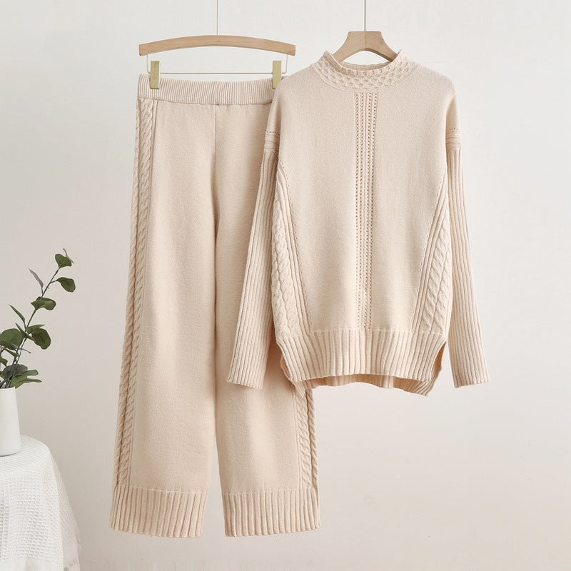 Damen komfortables Strick-Loungewear-Set mit hohen Bündchen und dekorativen Zopfmustern Heidi-Mode