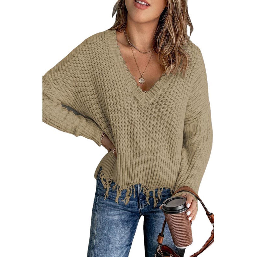 Damen V-Ausschnitt Strickpullover mit Fransen Heidi-Mode