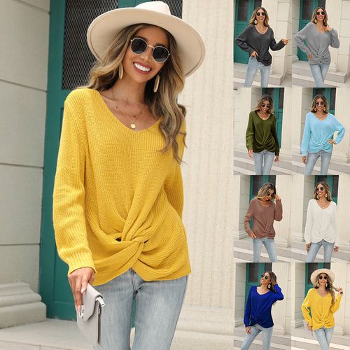 Damen lässiger V-Ausschnit Pullover mit knoten Detail Heidi-Mode