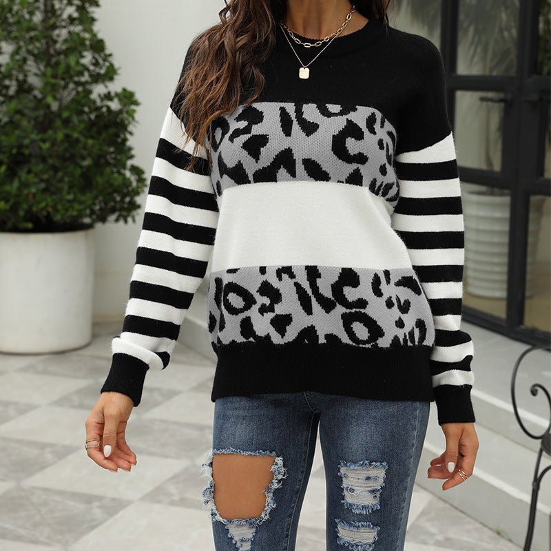 Damen modischer Pullover mit auffälligem Leopardenmuster und gestreiften Ärmeln Heidi-Mode