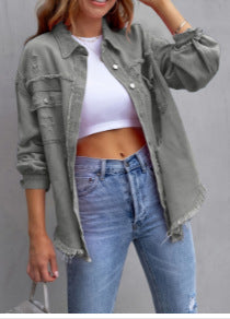 Damen Stylische Overshirt-Jacke mit fransigem Saum Heidi-Mode