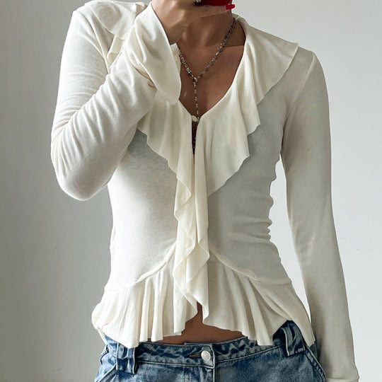 Damen Rüschenbluse mit verführerischem V-Ausschnitt und elastischem Saum Heidi-Mode