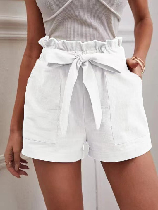 Damen kurze Lockere Leinenhose mit Bindegürtel Heidi-Mode