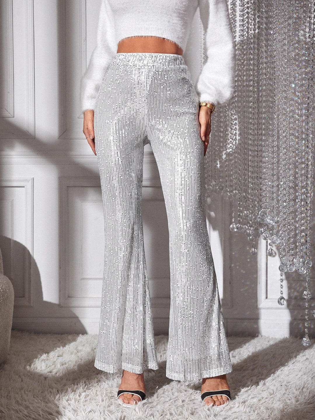 Damen Elegante Hochwasserhose mit Glitzer-Details Heidi-Mode